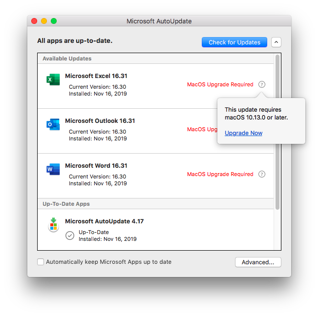 turning on auto update for microsoft on mac